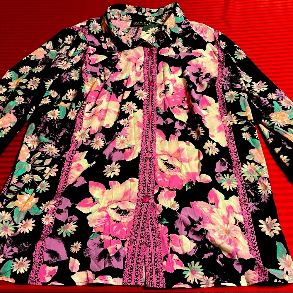 Pre-Owned Multicolor Bob Mackie Wearable Art Floral Print Button-Down Top